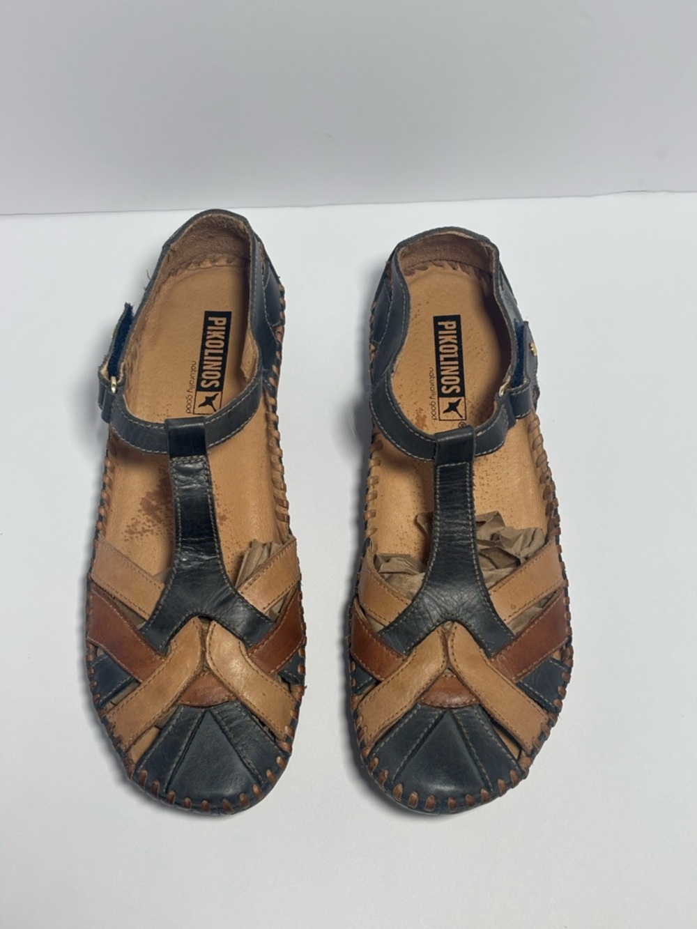 PIKOLINOS Blue and Brown Leather Woven T‑Strap Sandals